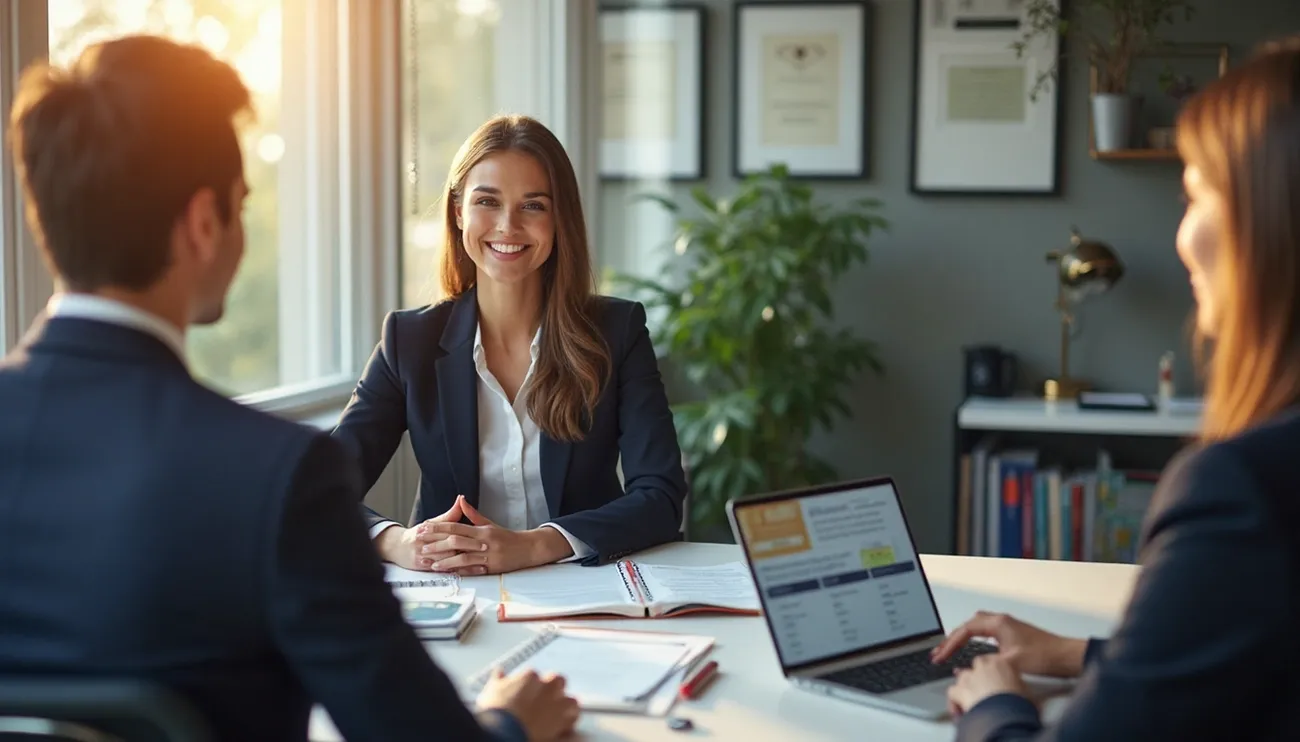 Two professionals interviewing a woman seated at a desk with documents and a laptop in a bright office.