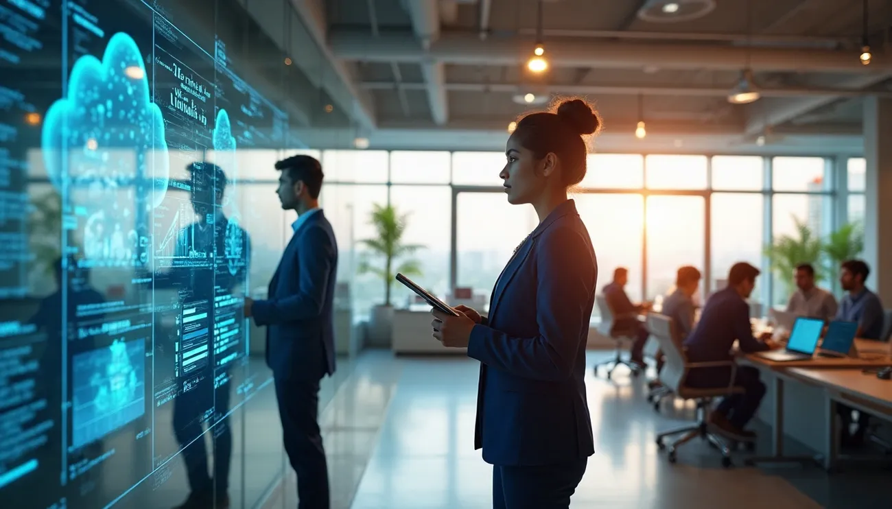 Professionals in a modern office analyzing cloud computing data on a digital screen, symbolizing future tech jobs in India.