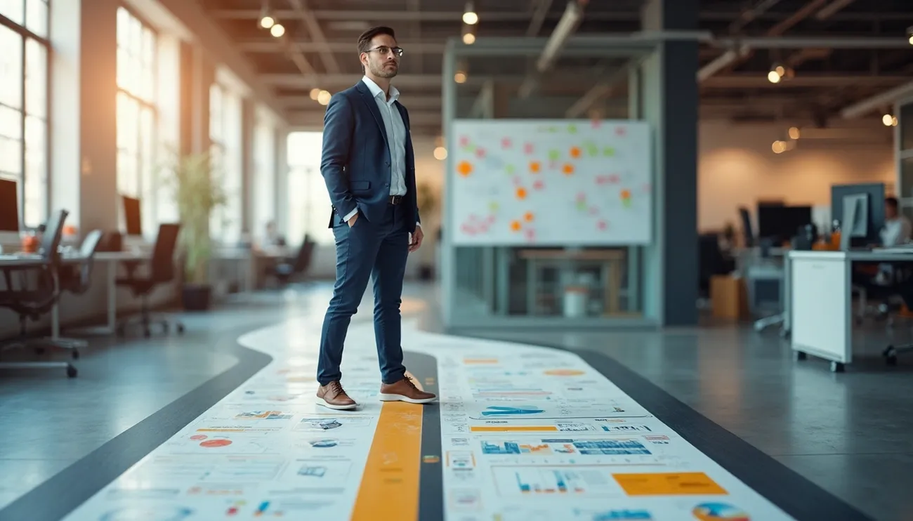 Business professional standing on a roadmap with charts and graphs in a modern office setting.