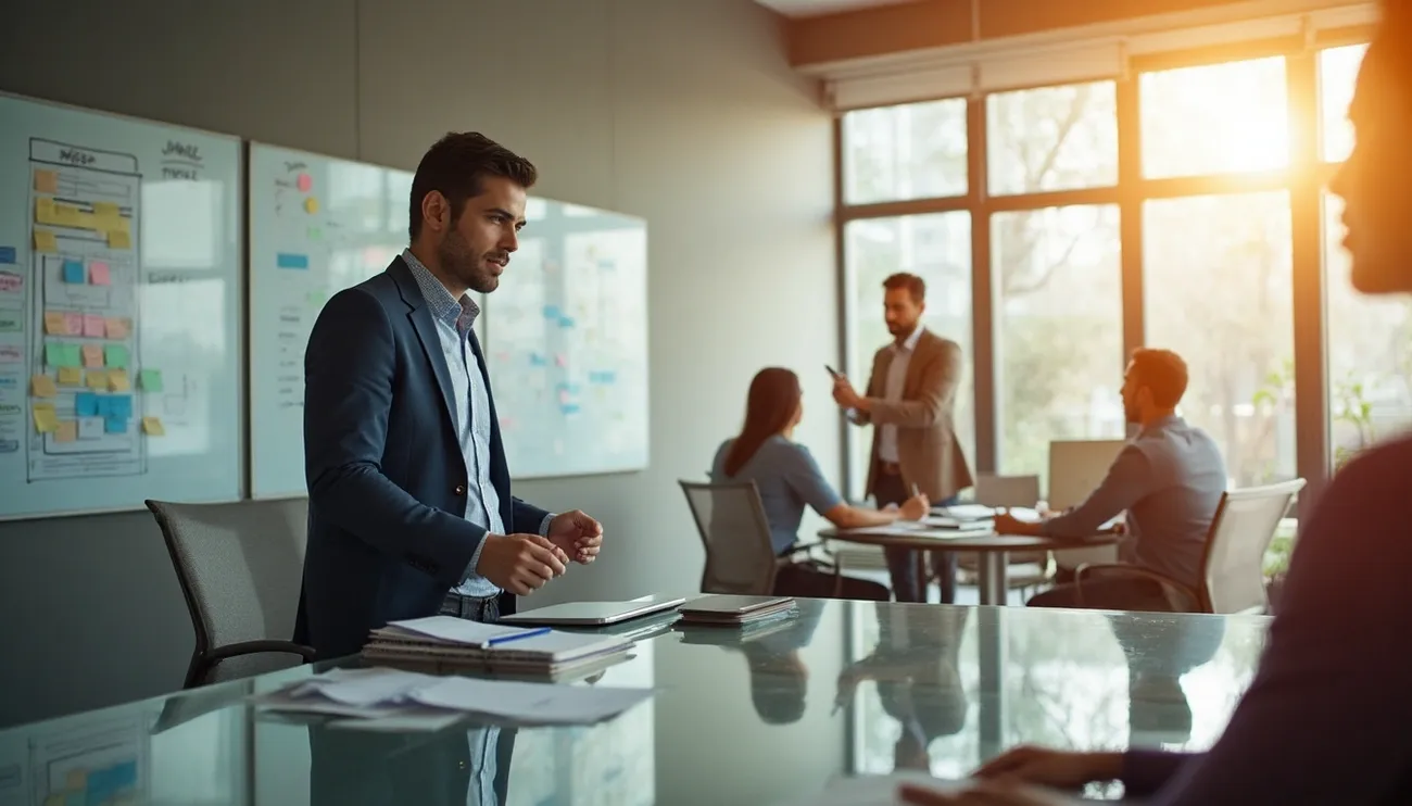 Business professionals collaborating in a modern office with whiteboards and large windows during a meeting.