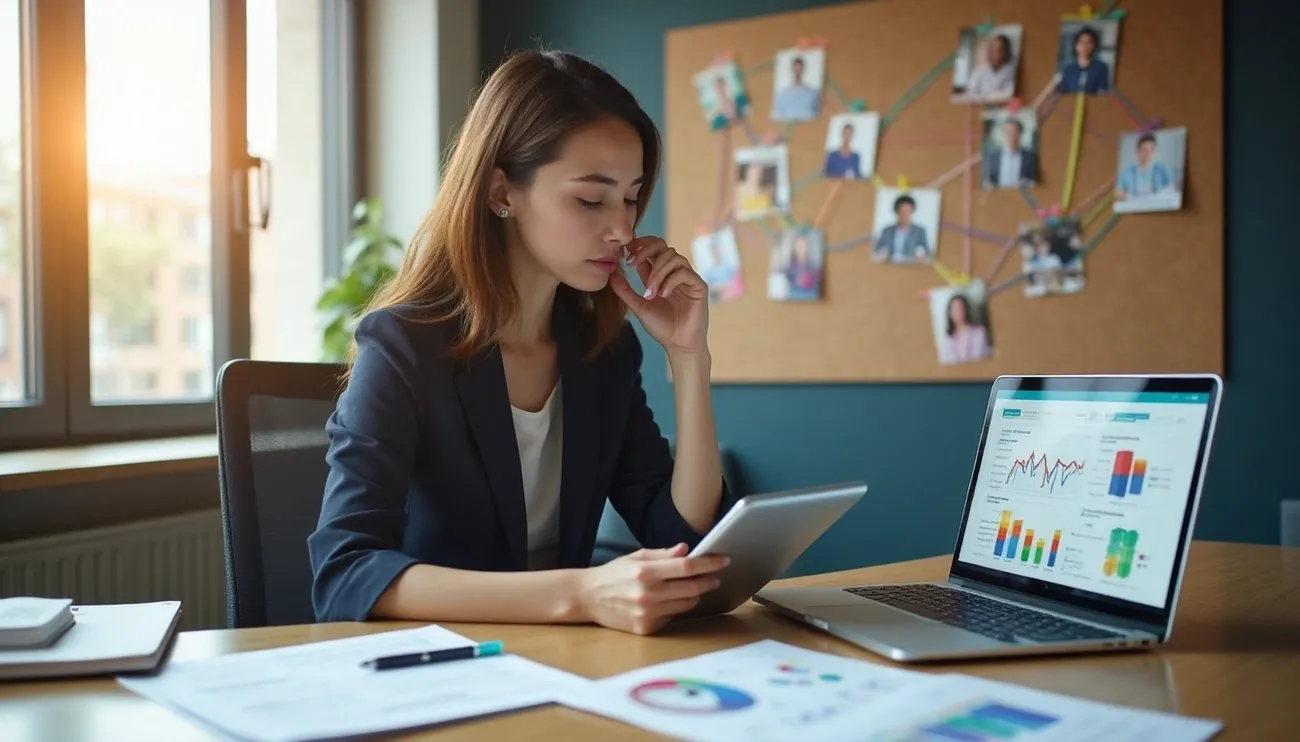 Professional woman in office analyzing charts on tablet and laptop with connected photos on corkboard behind her.