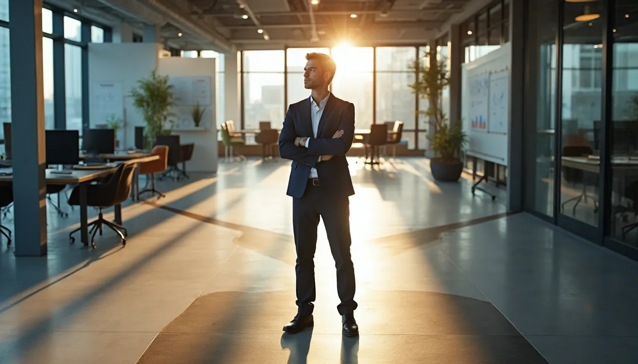 Confident businessman standing in a modern office with arms crossed, bathed in warm sunlight during sunset.