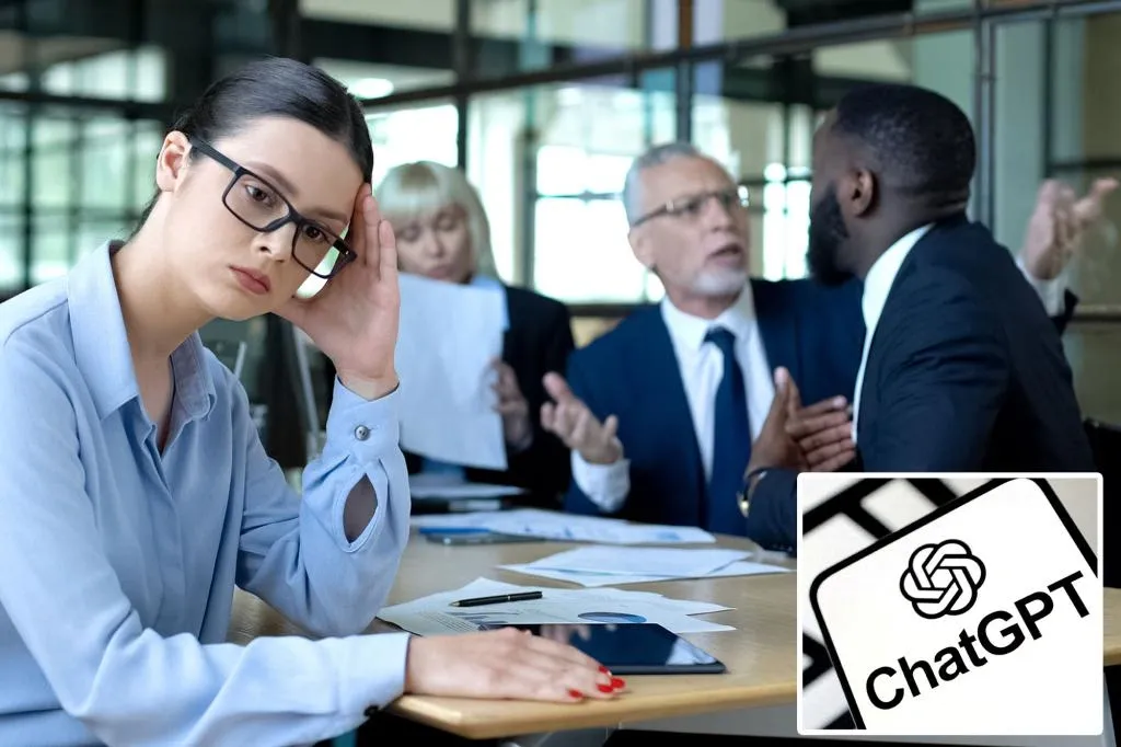 A group of professionals in a meeting room with documents on the table and a ChatGPT logo inset.