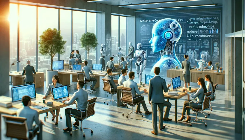 Modern office with humans and robots collaborating around computers and a large digital AI display screen.