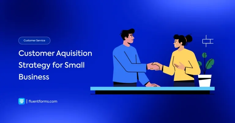Two people shaking hands over a desk with text about customer acquisition strategies for small businesses on a blue background.