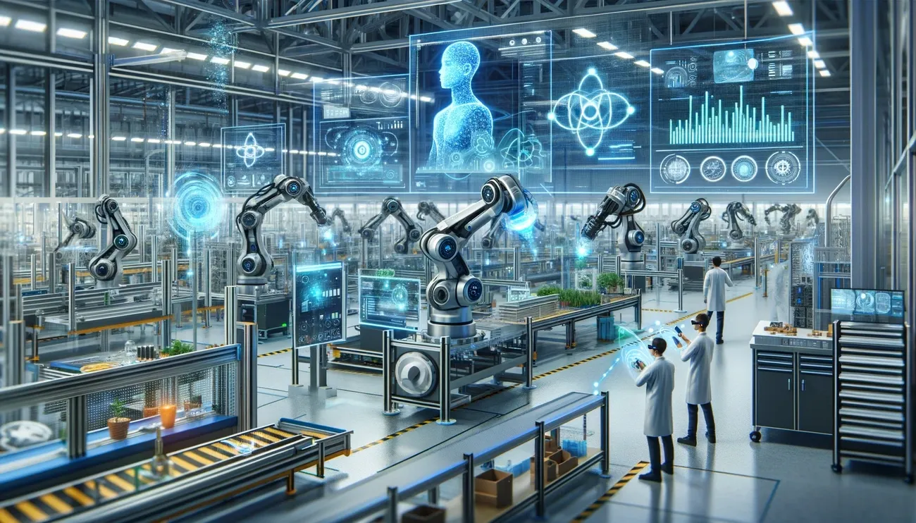 Futuristic manufacturing facility with robotic arms and scientists using augmented reality to control digital twin interfaces.