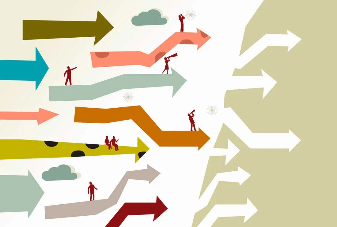 Colorful arrows with small people figures symbolize diverse career paths and the possibilities of career changes.