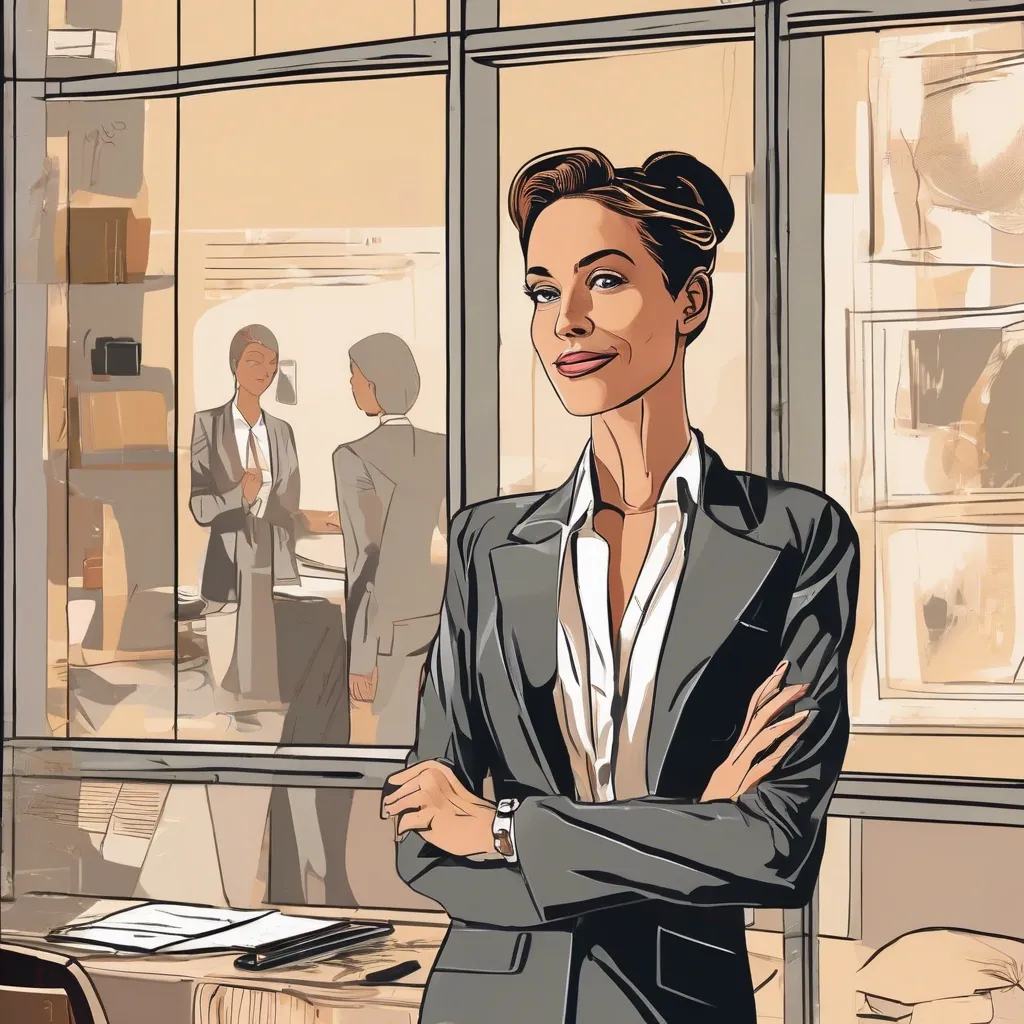 Confident professional woman in a business suit stands with arms crossed in a modern office setting.