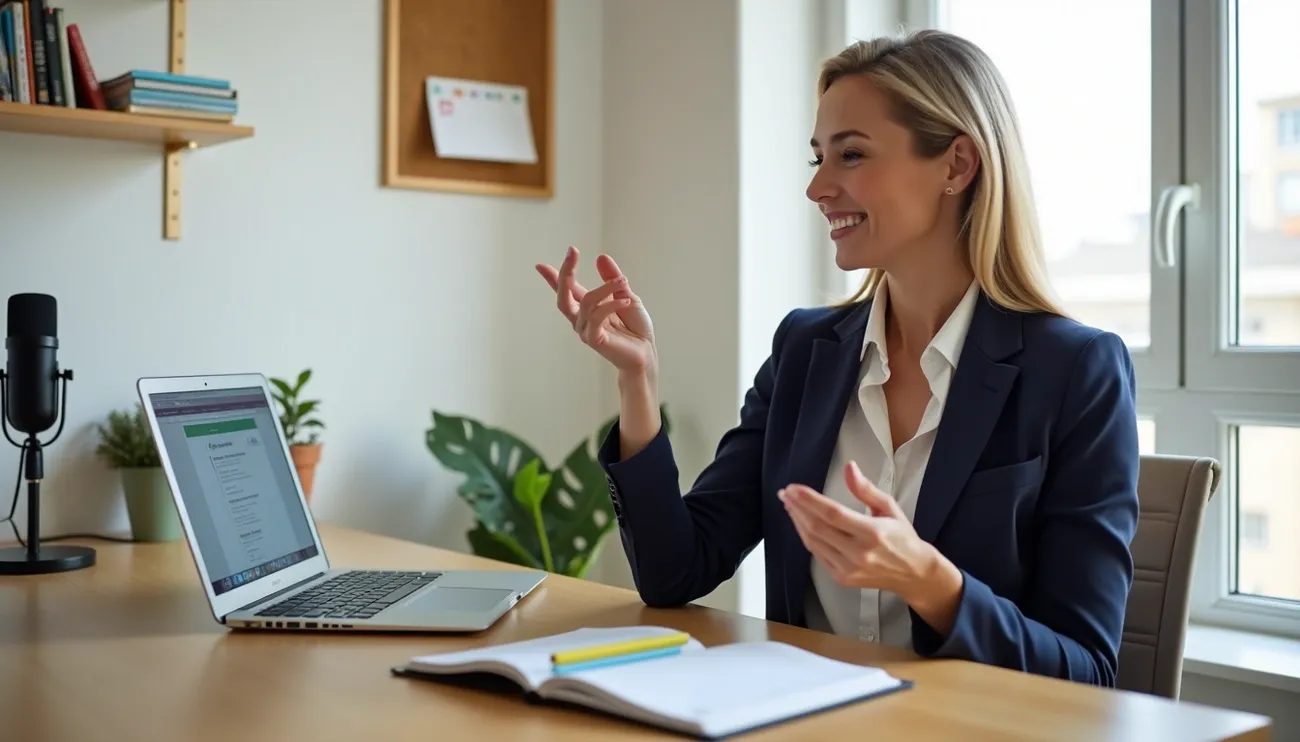 Business coach in a navy blazer explaining strategies during a video call at a desk with a laptop and notebook