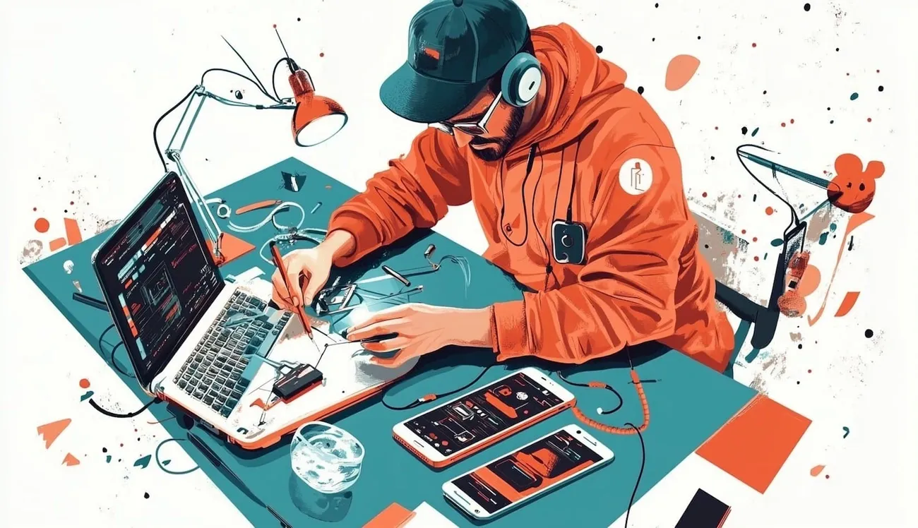 Freelancer in an orange hoodie and headphones working on a laptop and sketching ideas at a cluttered desk.