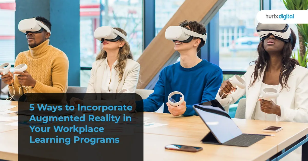 Four professionals wearing augmented reality headsets and holding controllers during a workplace training session.