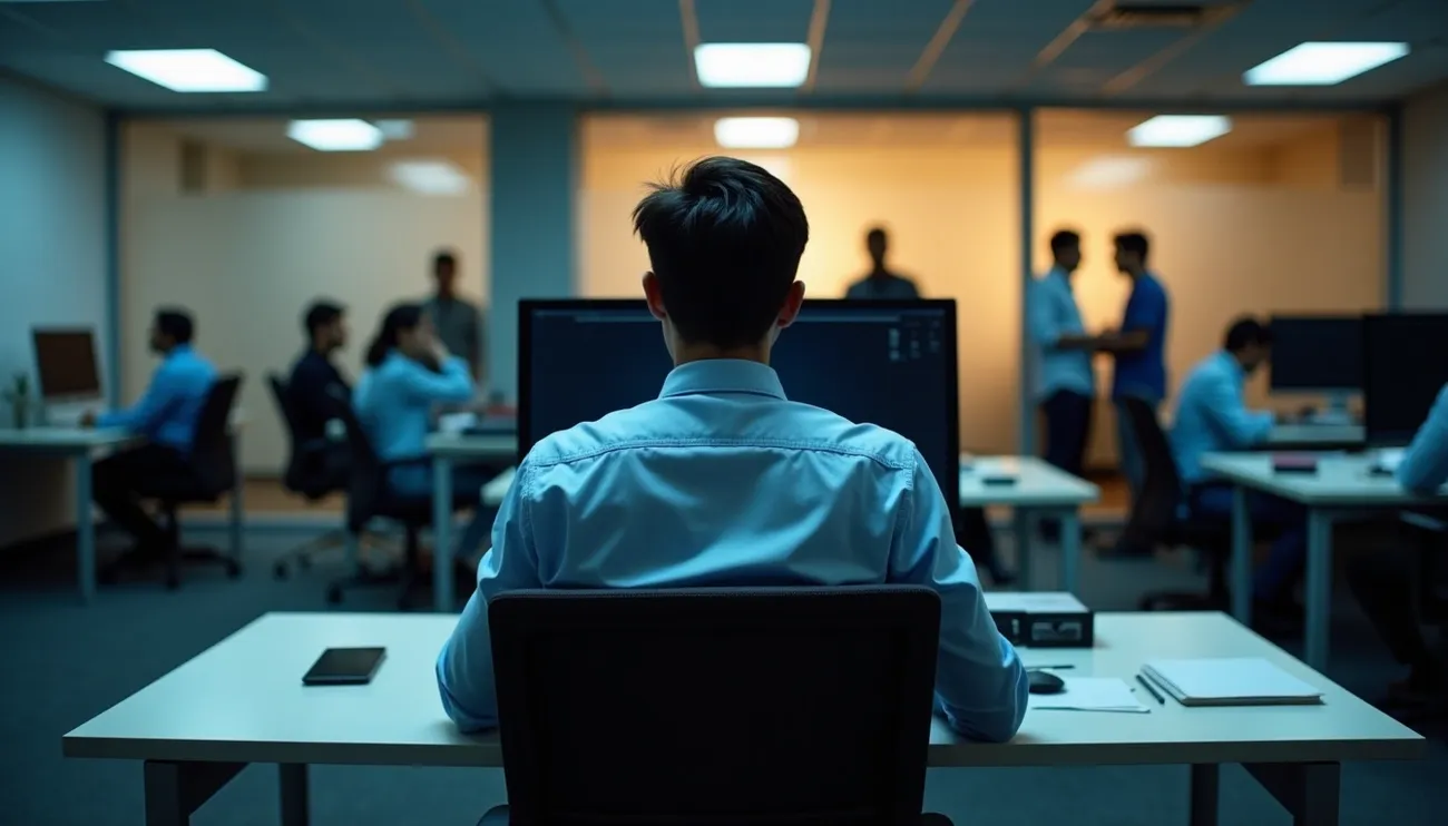 A man in a blue shirt sits alone at his desk in a dimly lit office while coworkers interact in the background.