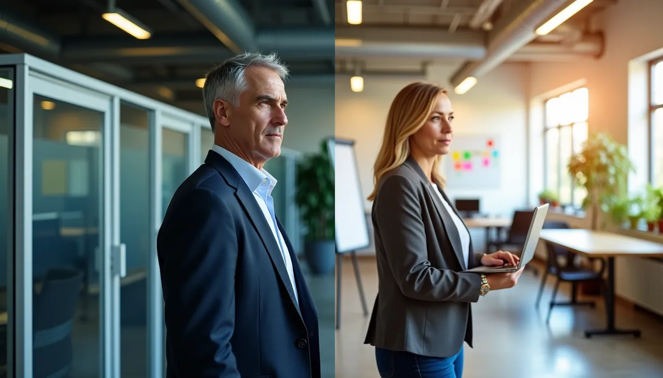 Two professionals in a modern office, one standing and the other working on a laptop, symbolizing mid-career change.