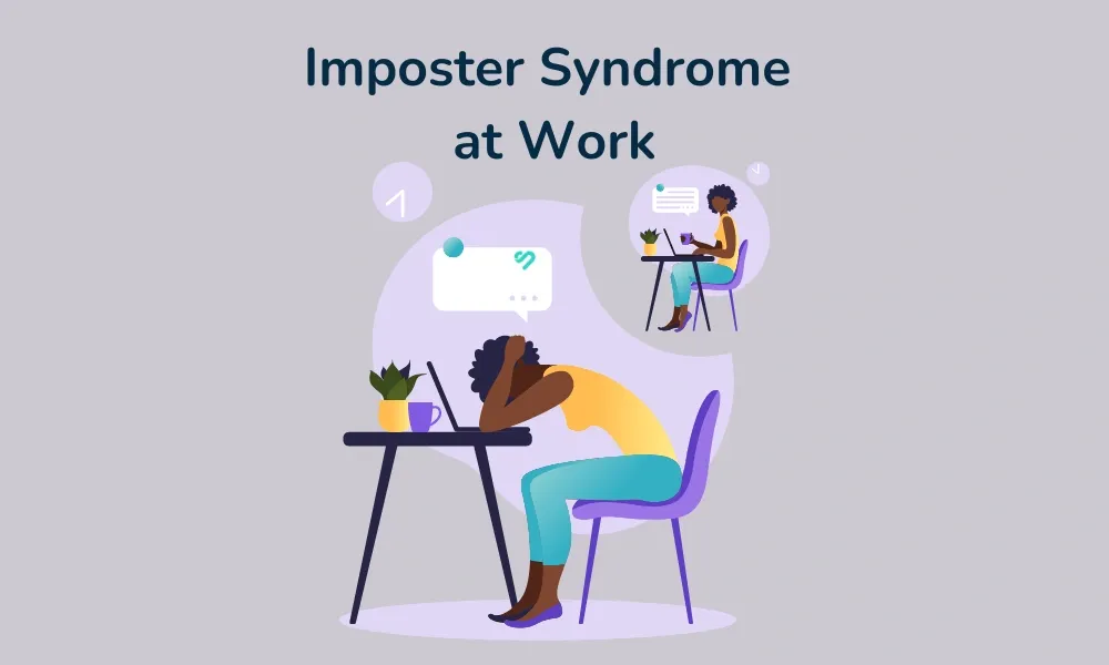 Frustrated woman at work overwhelmed by imposter syndrome with a thought bubble showing her productive self.
