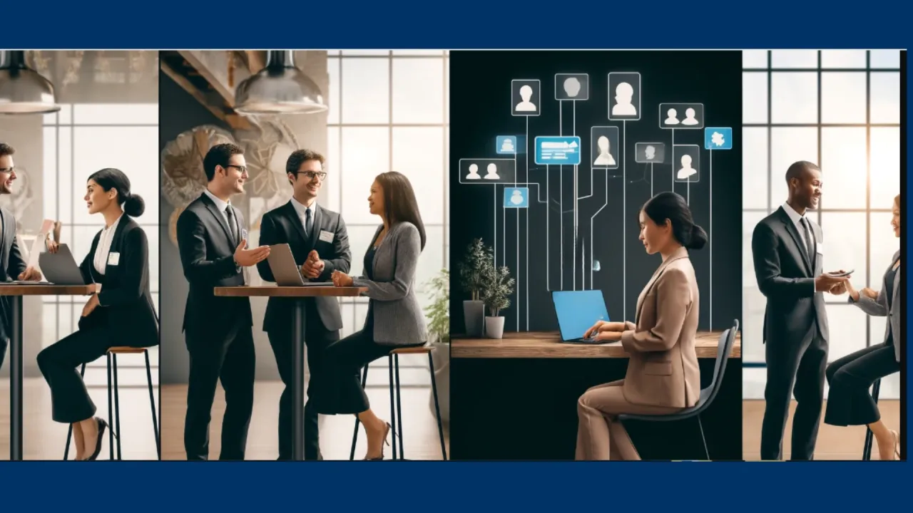 Business professionals networking and collaborating in an office setting with digital connection icons above a woman using a laptop.