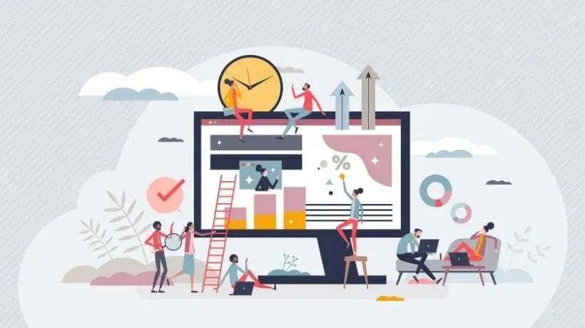 Illustration of diverse team members collaborating on onboarding and training using a large computer screen with charts and graphs.