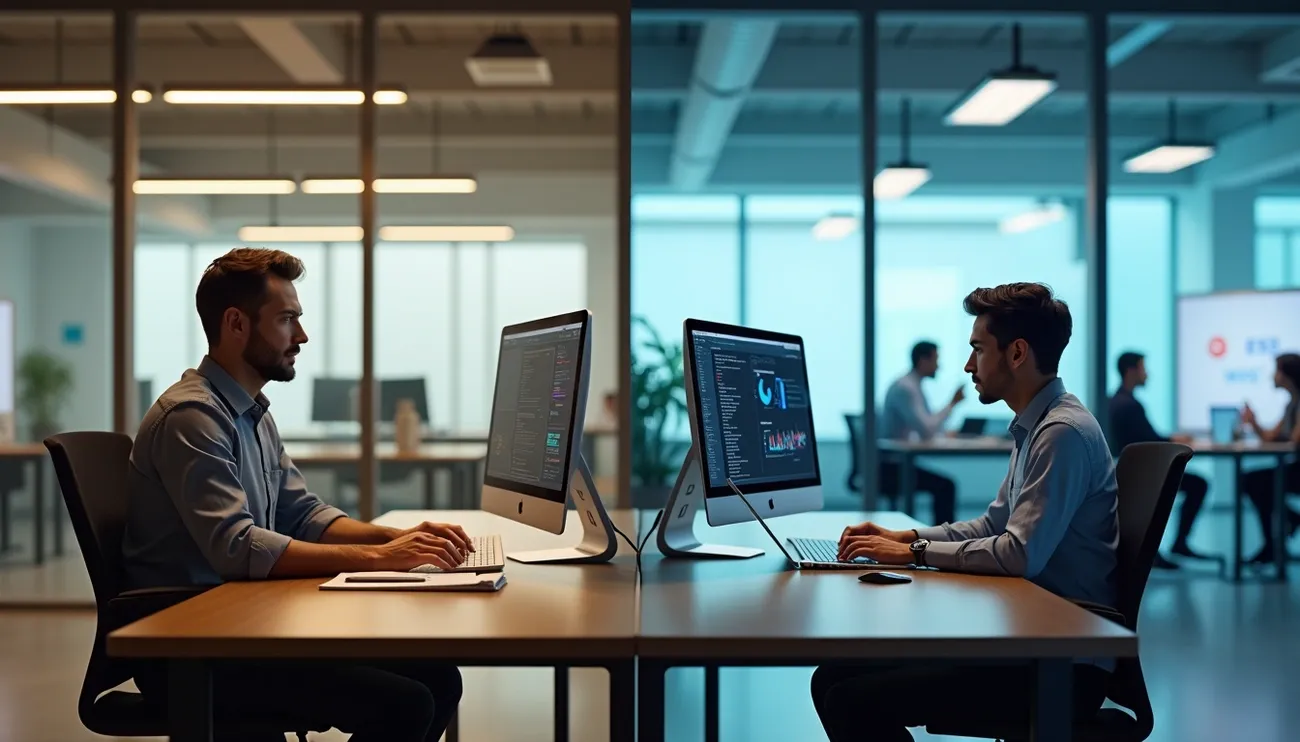 Two professionals working on computers in a modern office, symbolizing reskilling and career change in 2025.