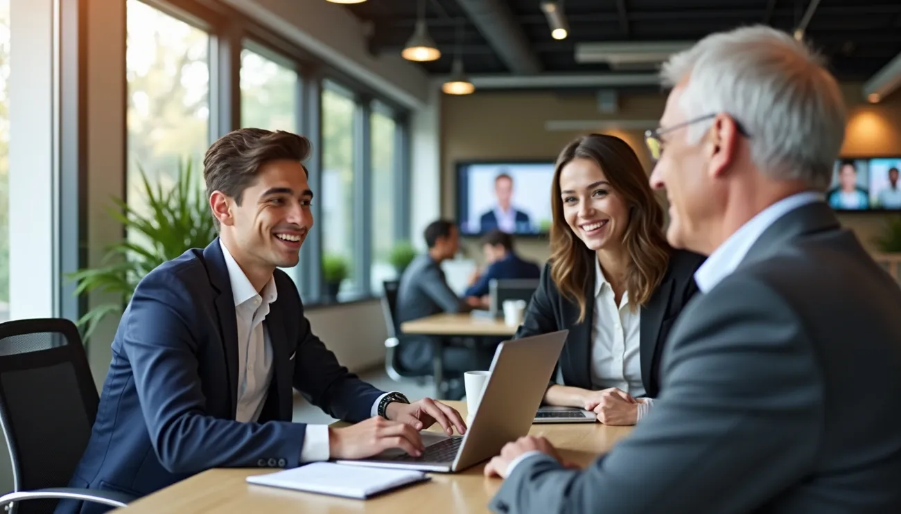 Business professionals in a modern office engaged in a mentoring discussion with laptops and documents on the table.