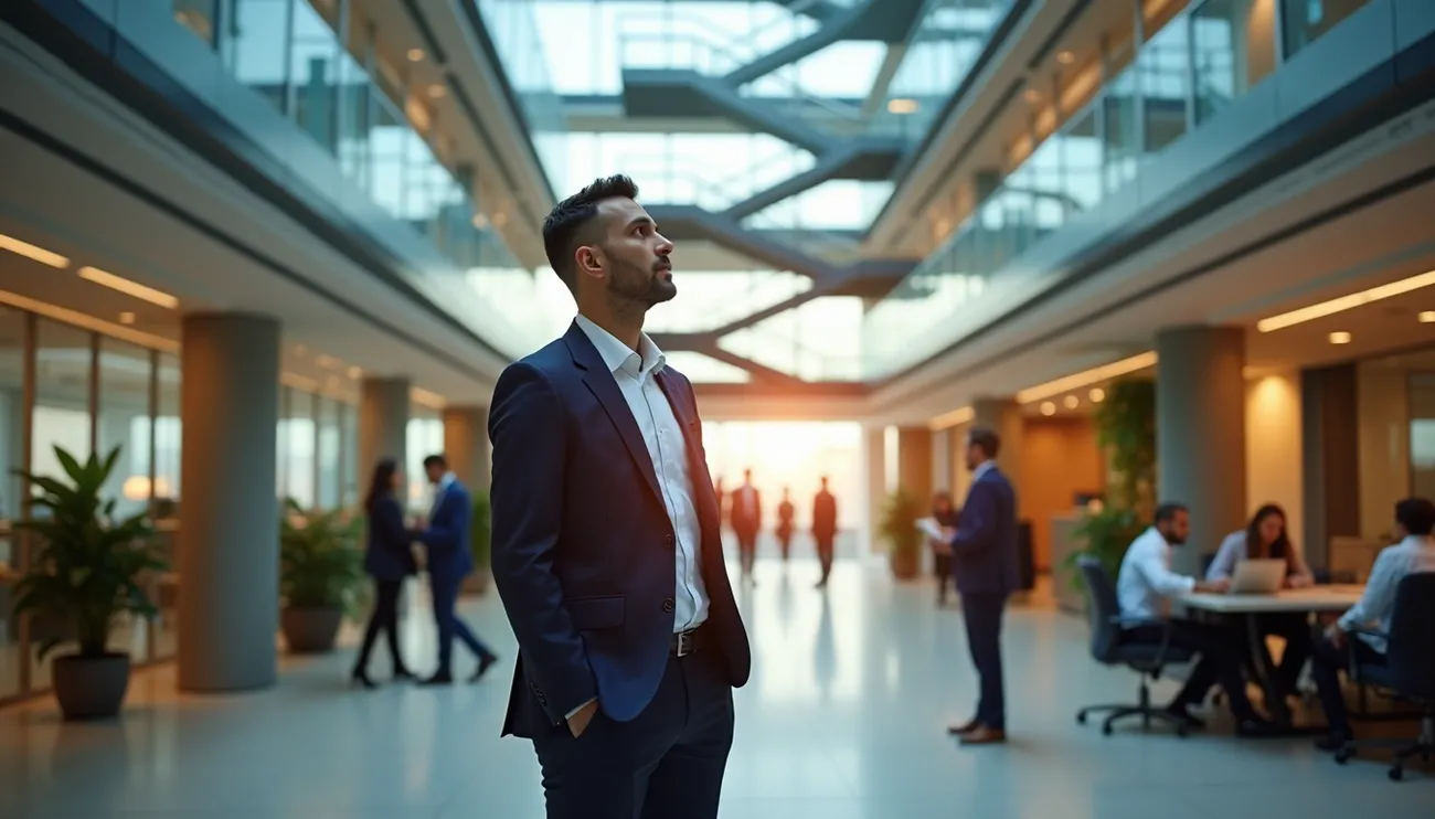 Confident man in business attire standing in a modern office lobby with colleagues working and conversing in the background.