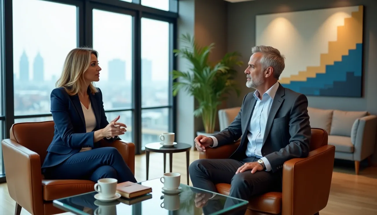 Two professionals in business attire engaged in an executive coaching session in a modern office lounge.