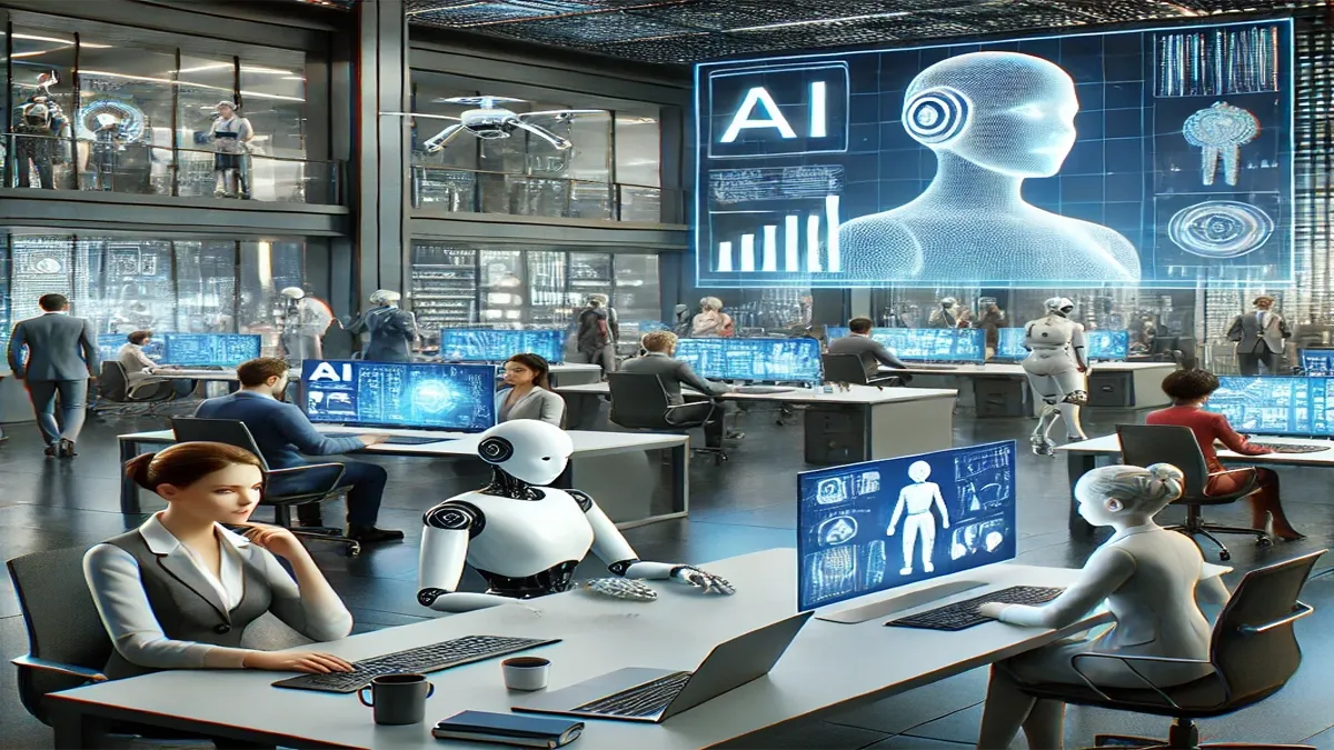 Futuristic office with humans and robots collaborating using advanced AI-driven holographic displays in 2025 workplace.