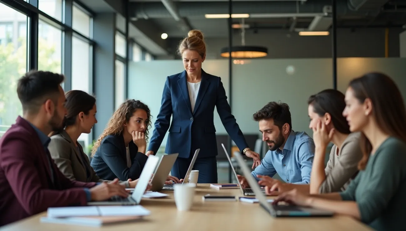 Confident businesswoman leads a focused team meeting in a modern office with laptops and notes on the table.