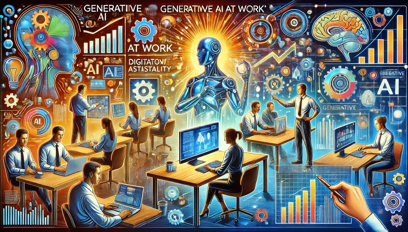 Office workers collaborate using AI technology and data visualizations in a futuristic digital workspace.