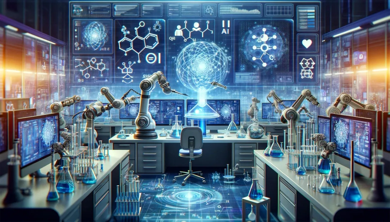 Futuristic AI-driven chemistry lab with robotic arms, digital molecular models, and advanced holographic displays.