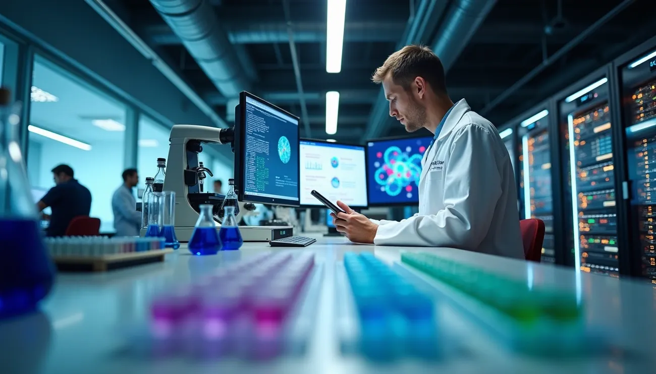 Scientist in lab coat analyzing data on tablet and computer screens in a high-tech pharmaceutical research lab.
