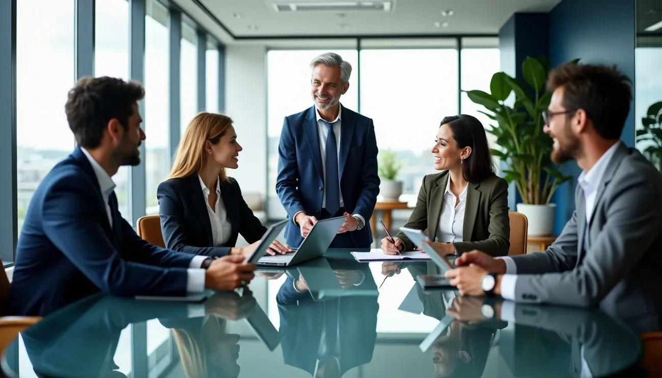 Business manager leading a diverse team of professionals in a modern office meeting room with laptops and tablets.