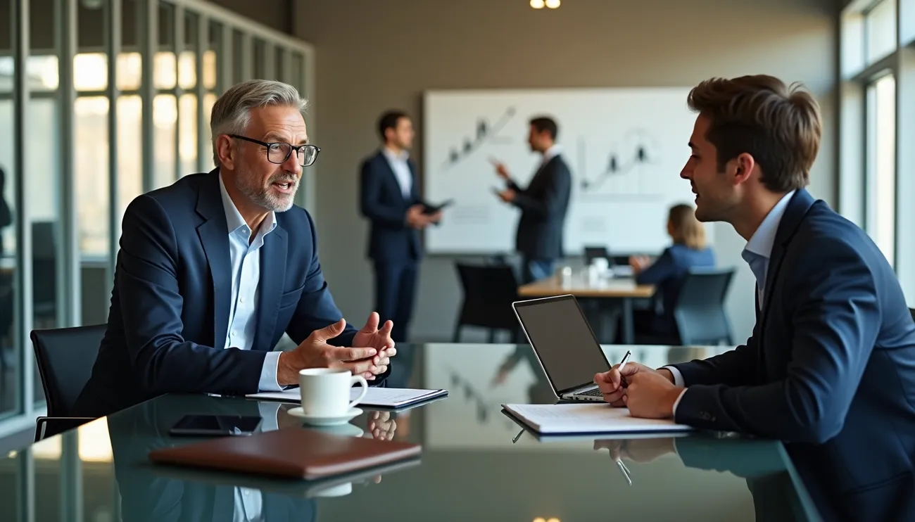 Two executives in a formal meeting discussing notes and laptop in a modern office with charts in the background.