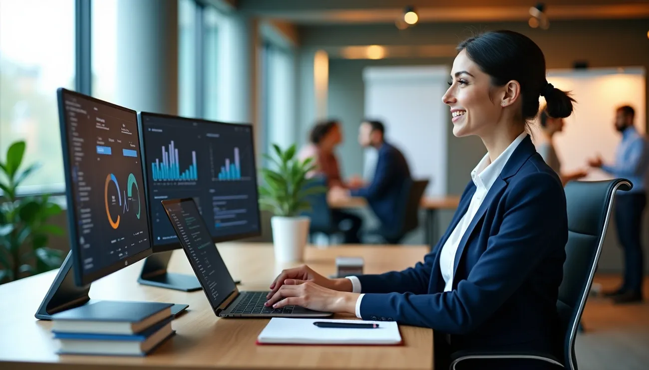Professional woman working on laptop with data analytics on screens in a modern office setting with colleagues.