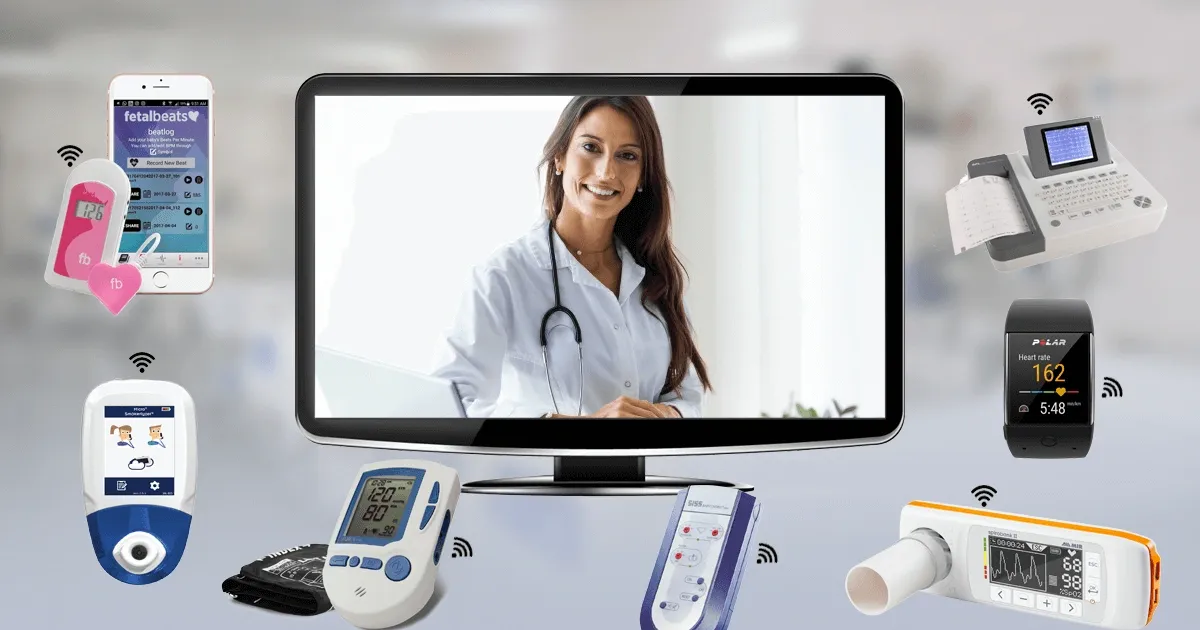 Doctor on screen with various remote patient monitoring devices connected wirelessly around the display