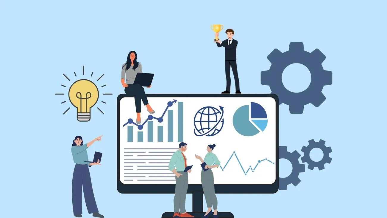 Business professionals analyze data charts on a large screen with icons of a lightbulb, gears, and a trophy symbolizing leadership and success.