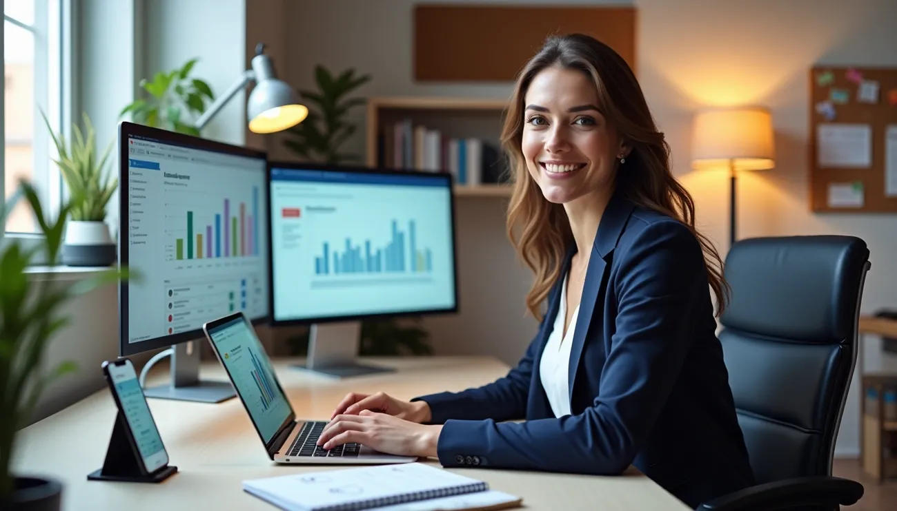 Woman in business attire working on a laptop with multiple screens displaying charts and graphs in a home office.