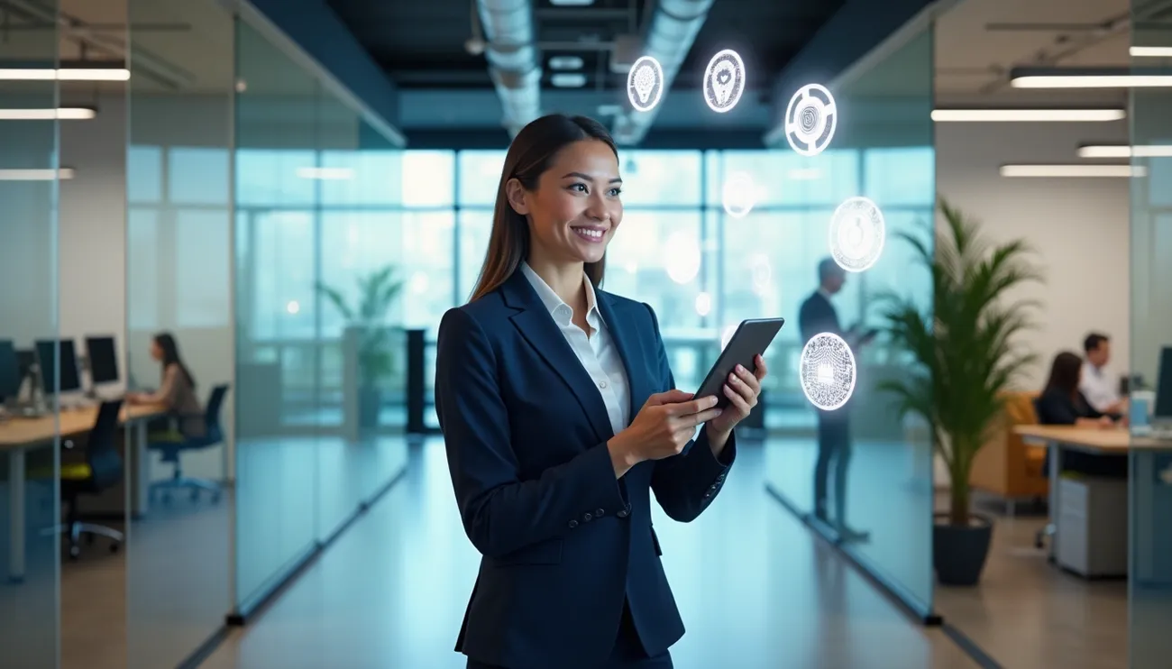 Businesswoman in a modern office using a tablet with futuristic digital icons floating around her.