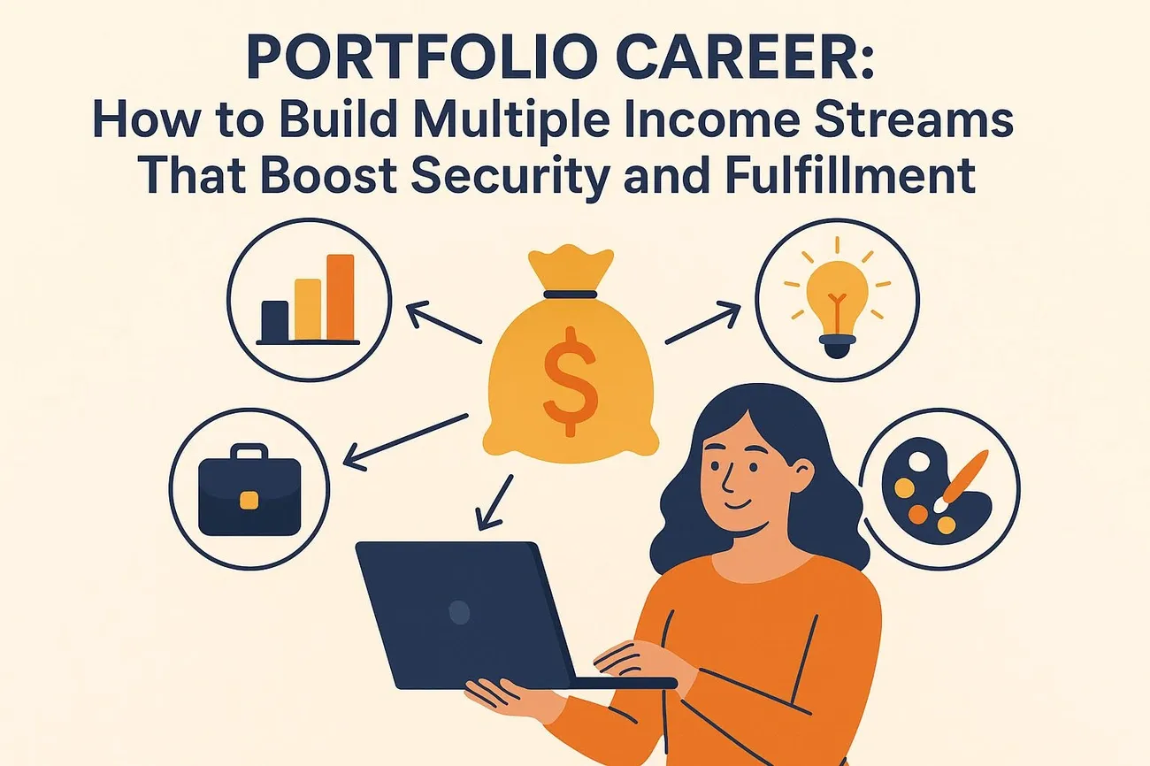 Illustration of a person with a laptop surrounded by icons representing income streams like charts, a briefcase, a lightbulb, and a paint palette.