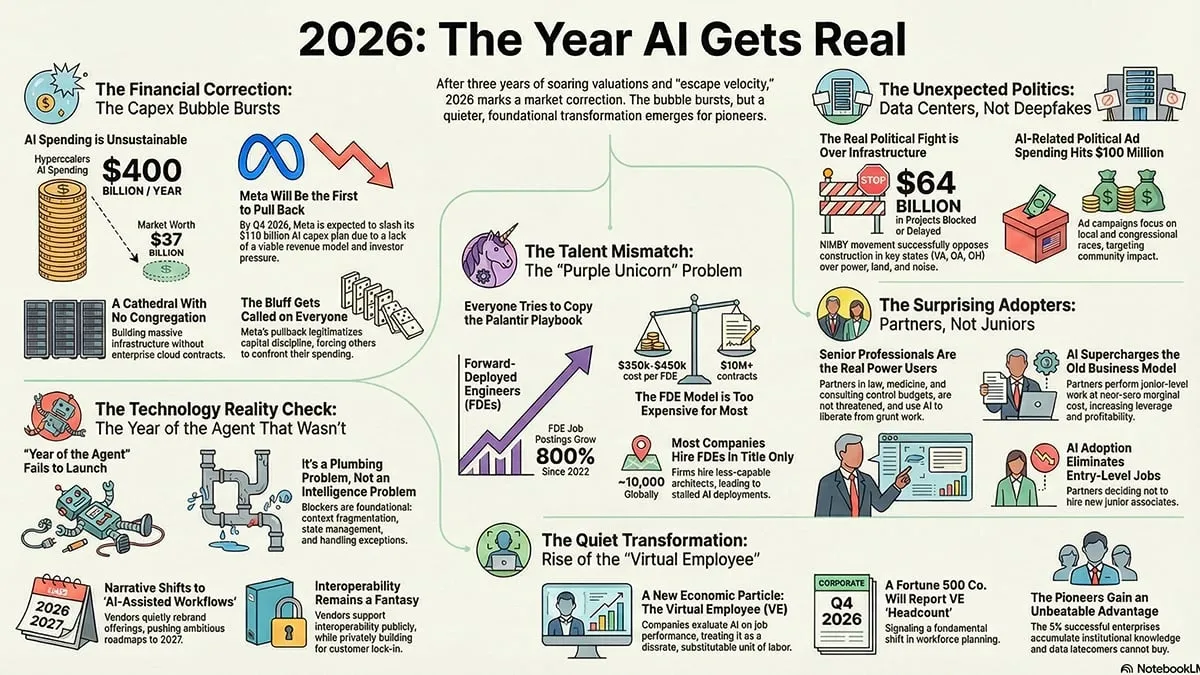 Infographic detailing AI market correction, talent mismatch, political impacts, and adoption trends predicted for 2026.