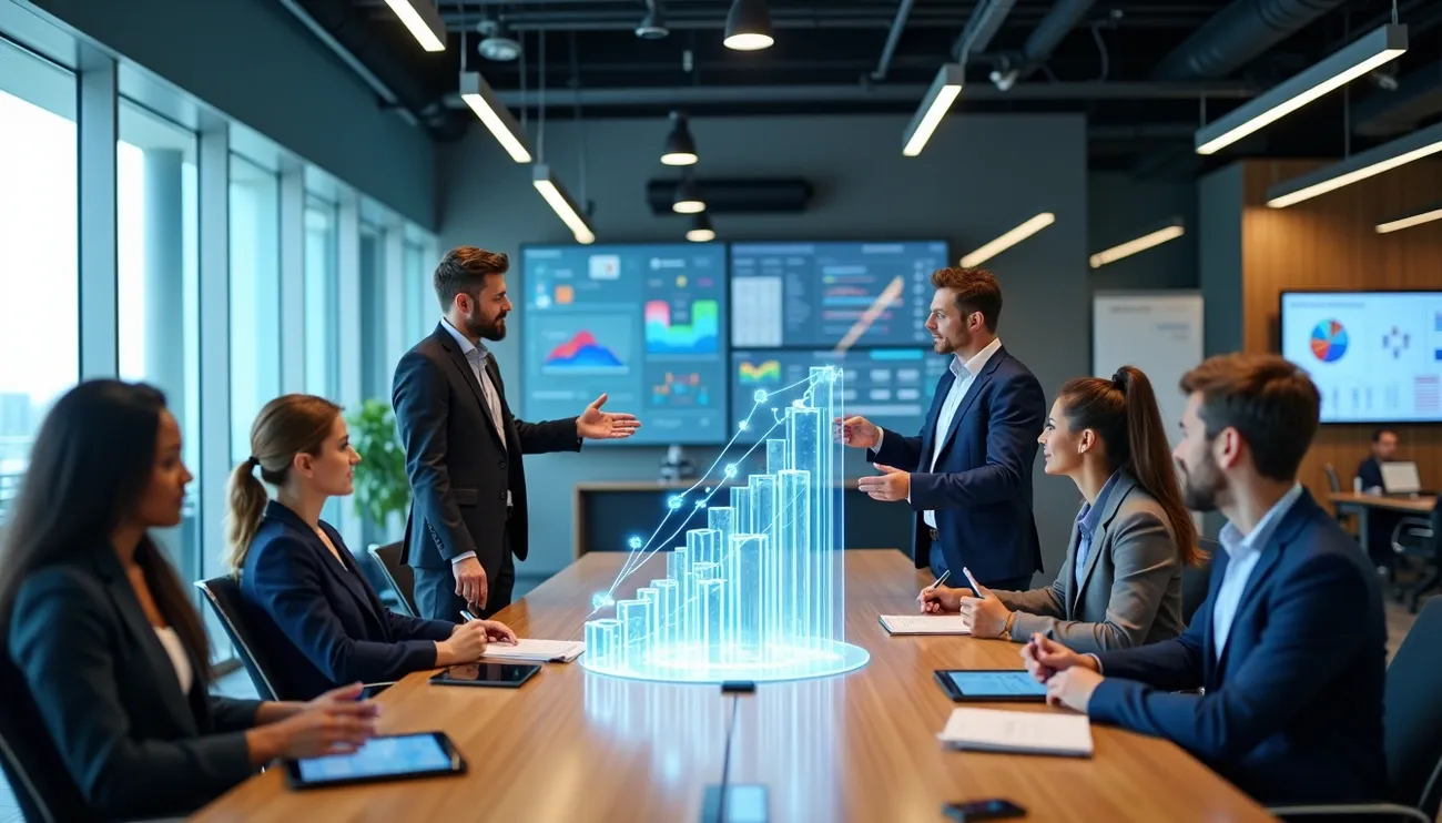Business team in a modern office discussing a holographic growth chart during a strategy meeting.