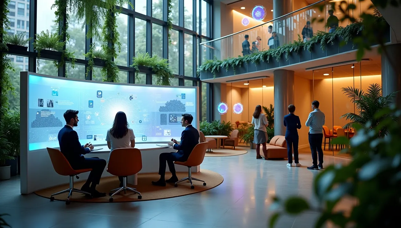Professionals collaborate in a modern office with a large digital display and lush indoor plants.