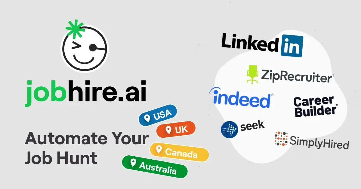 Logos of top AI job application tools and platforms including jobhire.ai, LinkedIn, ZipRecruiter, Indeed, and more for 2026.