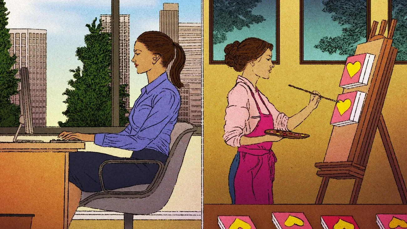 Split image showing a woman working at a computer in an office and painting hearts on canvases at home.